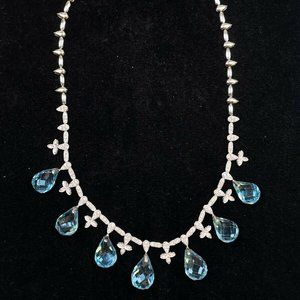 14K White Gold Diamond Blue Topaz Dangle 17" Swiss Necklace 42.9g (R039)